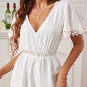 Surplice Neck Guipure Lace Trim Romper